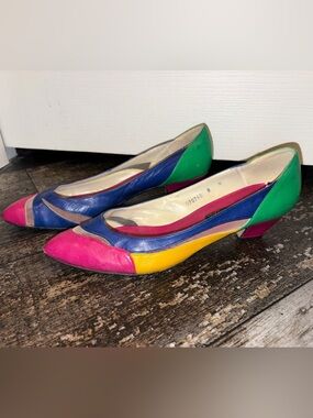 Proxy Vintage Multicolor Leather Kitten Heel Pumps - Pink, Blue, Yellow, Green